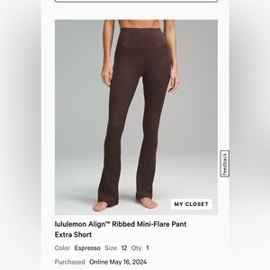 Pre Owned Lululemon Align Ribbed Mini Flare Pant Extra Short Sz 12